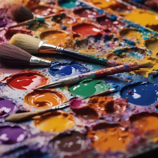 Closeup view of artists palette with mixed bright paints as background