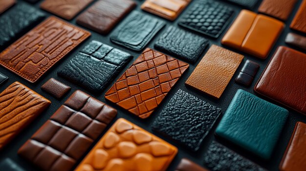 Photo a closeup view of assorted leather textures showcasing various patterns in rich brown and black tones ideal for design projects