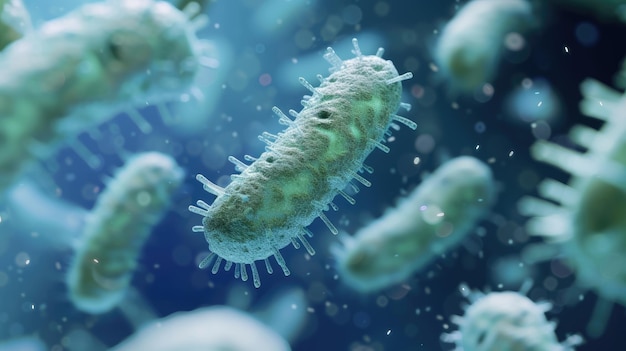 CloseUp View of Bacteria Floating in a Blue Microscopic Environmen