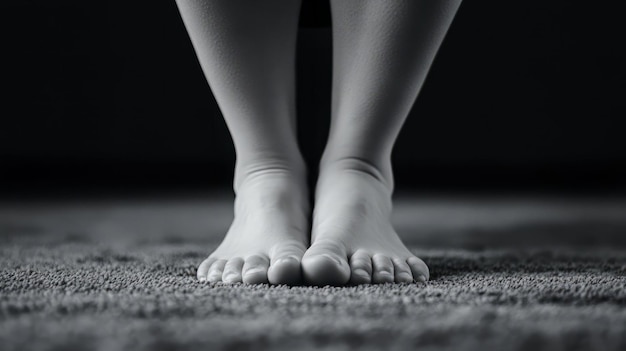 A closeup view of bare feet standing on a soft carpet showcasing elegance and simplicity in black and white lighting