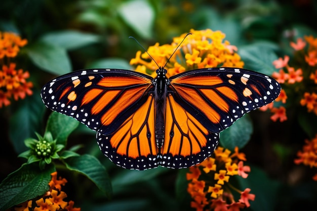 A closeup view of a beautiful butterfly and colorful flowers