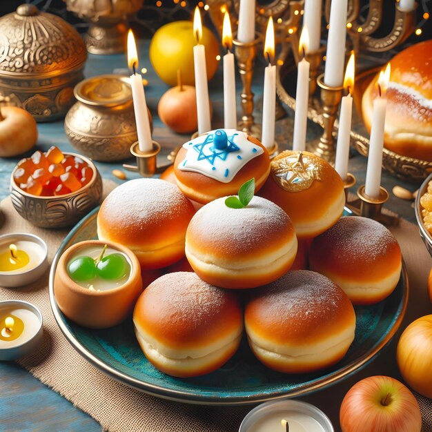 Photo closeup view of beautiful hanukkah concept with candles and ifganiyot