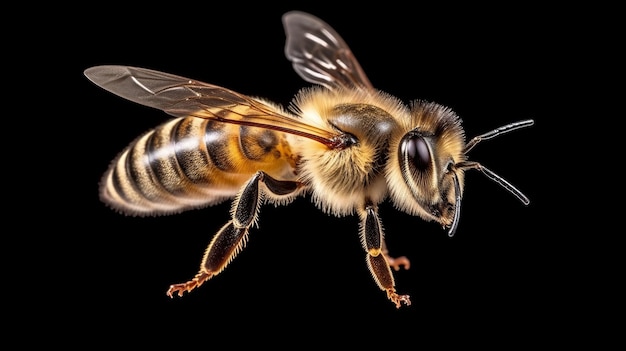 A closeup view of a bee on a black background Generative ai