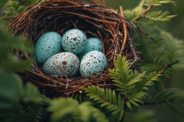 A closeup view of a birds nest containing eggs inside