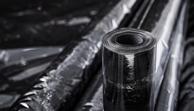 Photo closeup view of black plastic stretch wrap film as background