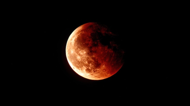 A closeup view of a blood moon during a lunar eclipse showcasing its reddish hue