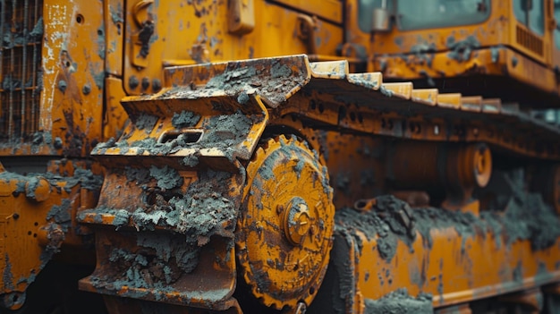 Closeup view of a bulldozer track covered in mud and dirt highlighting its rugged and used condition