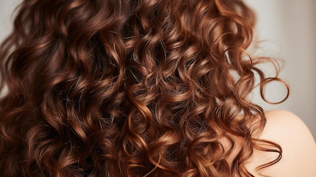 A closeup view of a bunch of shiny curls brown hair