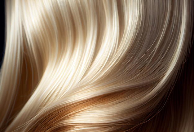 A closeup view of a bunch of shiny straight blond hair in a wavy curved style AI Generated