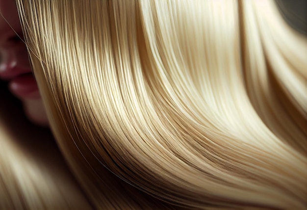 A closeup view of a bunch of shiny straight blond hair in a wavy curved style AI Generated