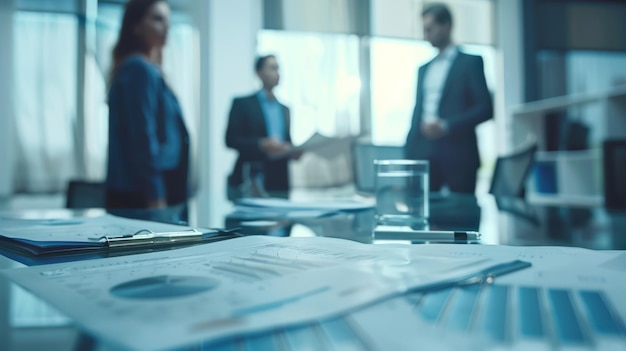 Photo closeup view of a business report with charts and a pen in the foreground and the blurred silhouettes of businesspeople in the background