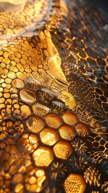 Photo a closeup view of a busy beehive with bees working diligently on the intricate patterns of the hive