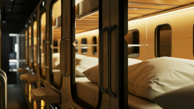 Closeup view of a capsule hotel highlighting the intimate warmlit sleeping pods designed for a cozy and modern rest experience