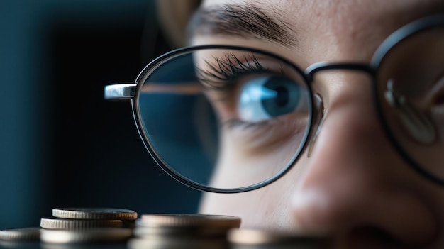 Photo a closeup view captures a persons eye gazing intently at a small stack of coins suggesting deep thought about finances and the value of money in a shadowy environment