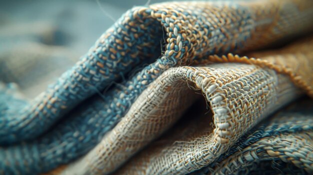 Closeup view capturing the intricate weave and texture of a blue fabric highlighting the detailed