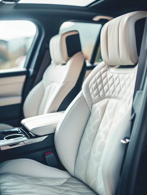 A closeup view of a cars highend cream leather interior showcasing the elegant quilted design of the seats The intricate stitching and plush finish evoke a sense of luxury and comfort