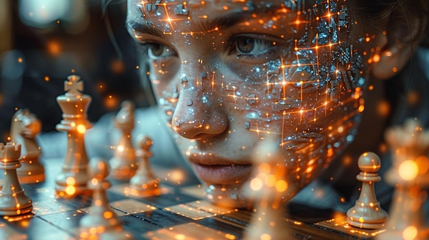 Photo a closeup view of a chess board where a human play with ai tech