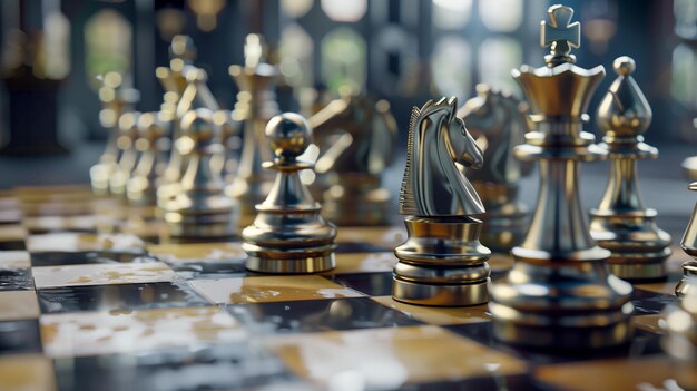 Photo closeup view of a chessboard fully set up with chess pieces