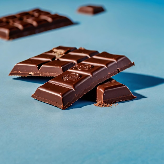 Closeup view of chocolate bars on brown sky blue background 8k