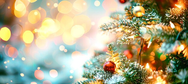 A closeup view of a Christmas tree branch adorned with colorful ornaments and twinkling lights creating a festive and magical atmosphere