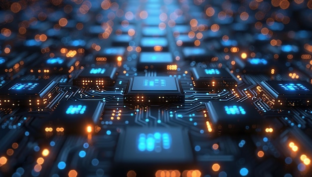 Closeup View of a Circuit Board with Glowing Components