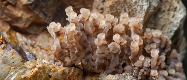 A CloseUp View of a Cluster of Jelly Fungi Growing on a Rock