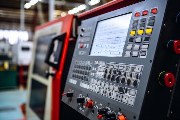 Closeup view of a CNC control panel with multiple buttons and switches