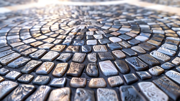 Photo a closeup view of a cobblestone path with a circular pattern in the center