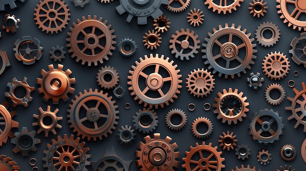 A closeup view of a collection of copper and silver gears of varying sizes set against a dark background