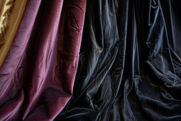 Photo closeup view of a colorful curtain made of rich velvet fabrics with various hues and textures luxurious draping in rich velvet fabrics