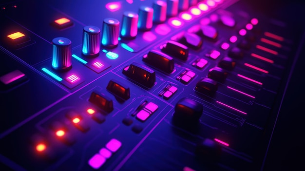 A closeup view of a colorful electronic music synthesizer with illuminated controls