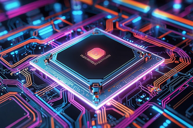 Photo closeup view on a colorful nanotechnology electronic system 3d rendering