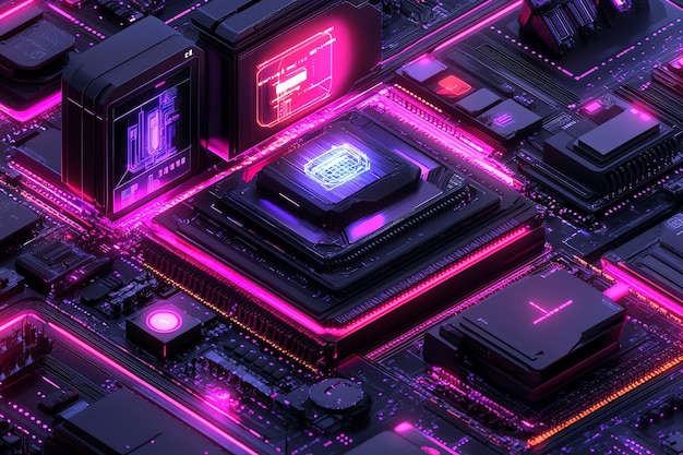 Photo a closeup view of a computer motherboard with neon pink and purple lighting