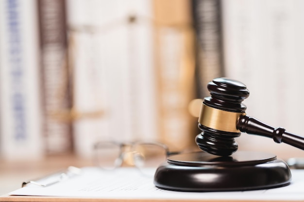 Closeup view courtroom judge justice court lawyer's desk Legal office