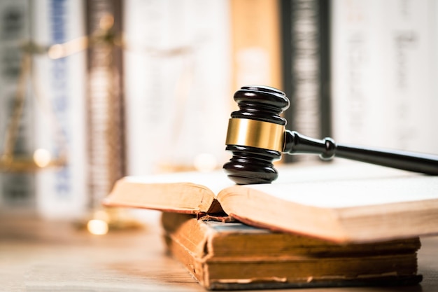 Closeup view courtroom judge justice court lawyer's desk Legal office