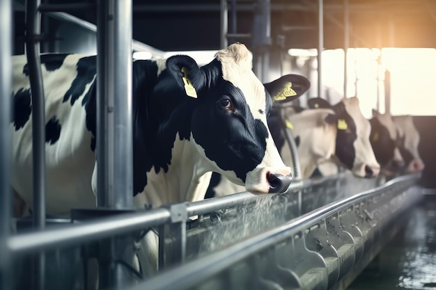 A closeup view of cows during the milking process Generative AI