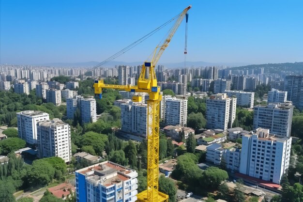 Closeup view of crane construction process for multistorey building on a bright sunny day