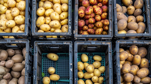 Closeup view of crates full of fresh potatoes of different varieties