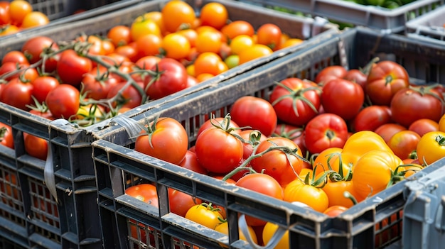 Closeup view of crates full of fresh tomatoes of different varieties