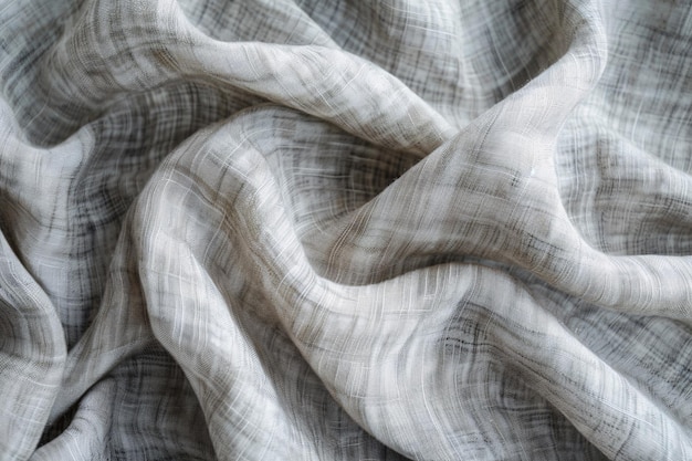 Closeup view of a crumpled linen fabric showing its natural texture and pattern