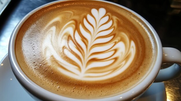 Photo a closeup view of a cup of coffee with a intricate foamy design