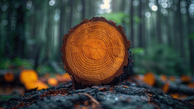 Photo a closeup view of a cut tree trunk with visible growth rings surrounded by other logs in a forest setting