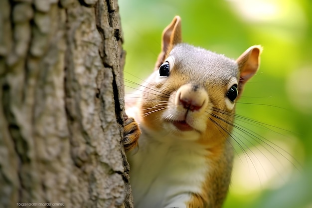 Closeup view of cute squirrel on the tree AI generated