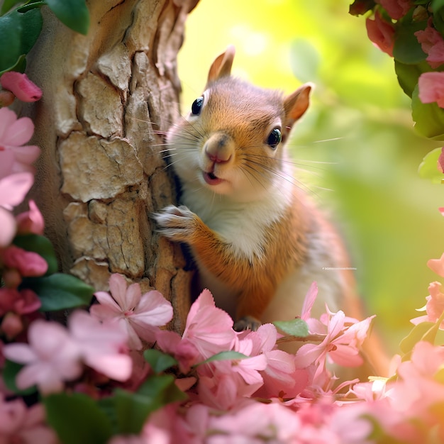 Closeup view of cute squirrel on the tree AI generated