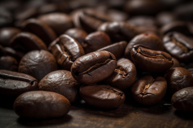 Closeup view of dark roasted coffee bean