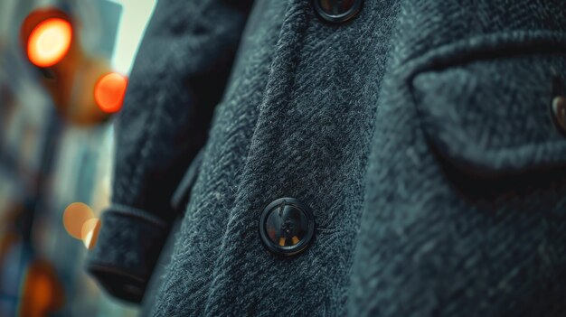 Photo a closeup view of a darkcolored coat button with city lights in the background creating a warm and mysterious urban atmosphere