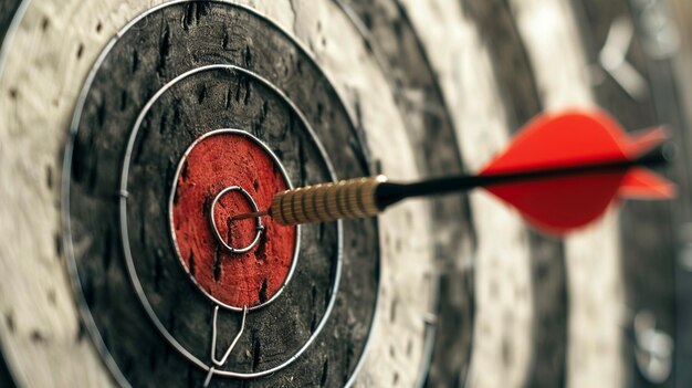 Photo a closeup view of a dart arrow precisely hitting the bullseye on a dartboard