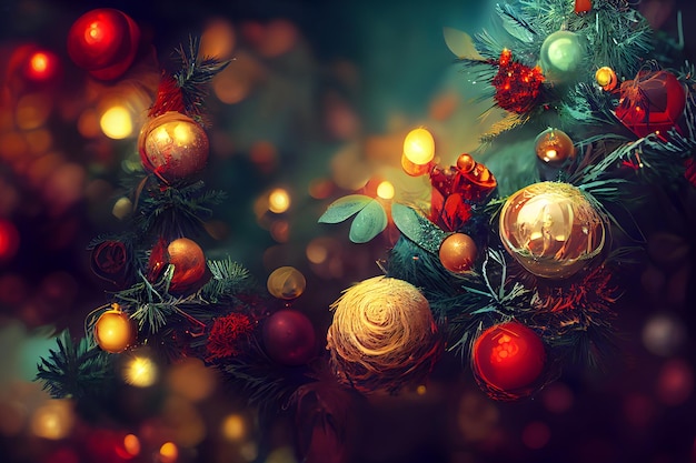 Closeup view of decorated christmas spruce tree with hanging spherical toys neural network generated