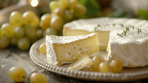 Closeup view of delicious brie cheese with green fresh grapes on the plate