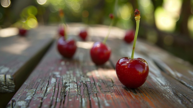 Closeup view of delicious cherries on wooden table in the garden